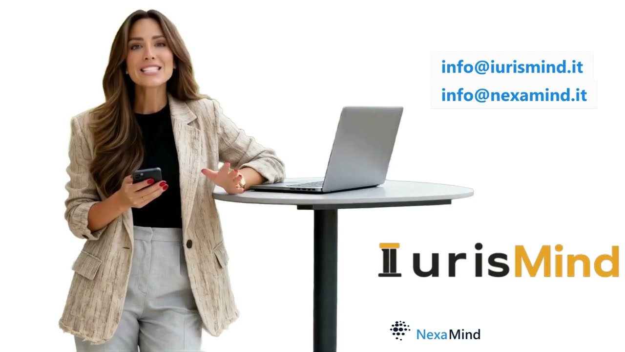 iurisMind presentation video cover: a professional holding a smartphone beside a laptop, with iurisMind branding and the NexaMind logo.