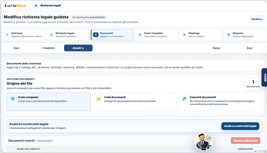 Passaggio Documenti di iurisMind: caricamento dal computer o dall'archivio personale, conversione dei documenti scansionati e analisi di conformità legale.