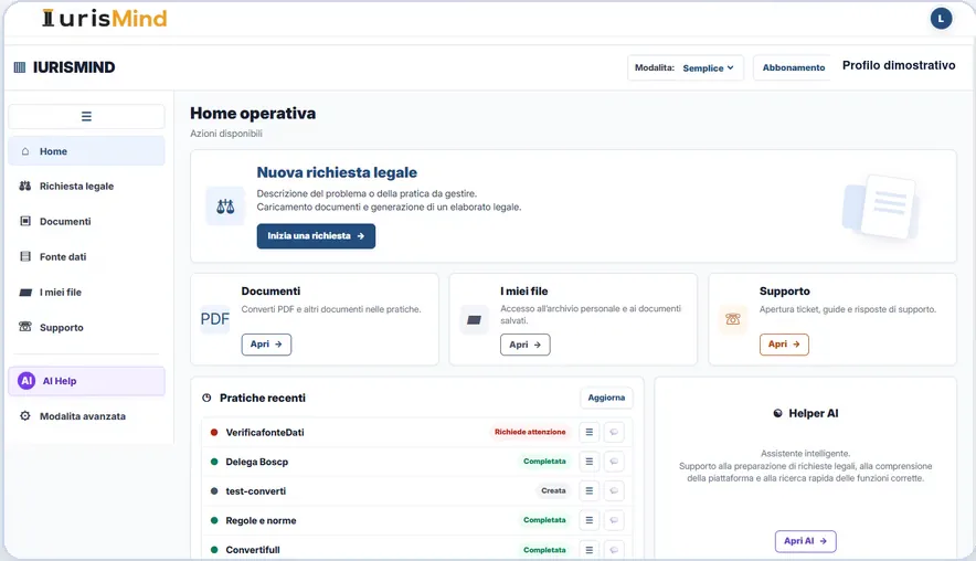 Home operativa di iurisMind: nuova richiesta legale, documenti, file e pratiche recenti.